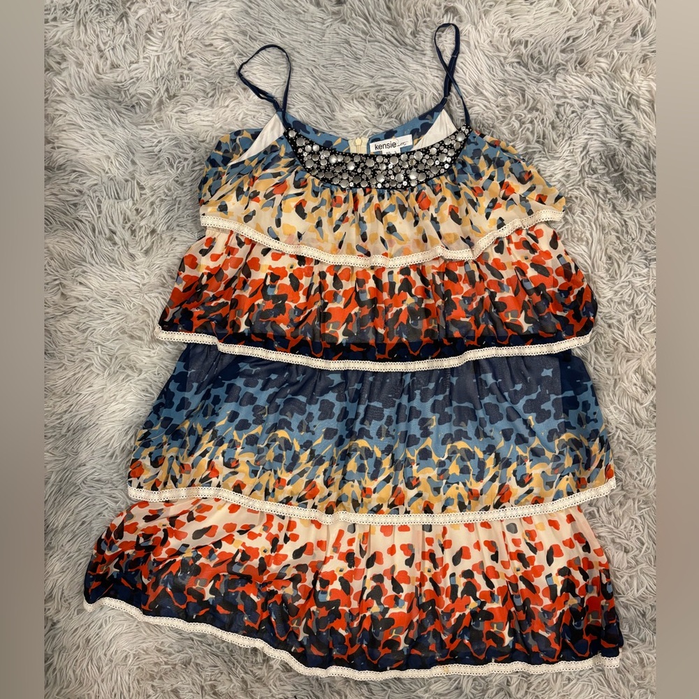 Kensie Orange and Blue Midi Dress with Tiered Design